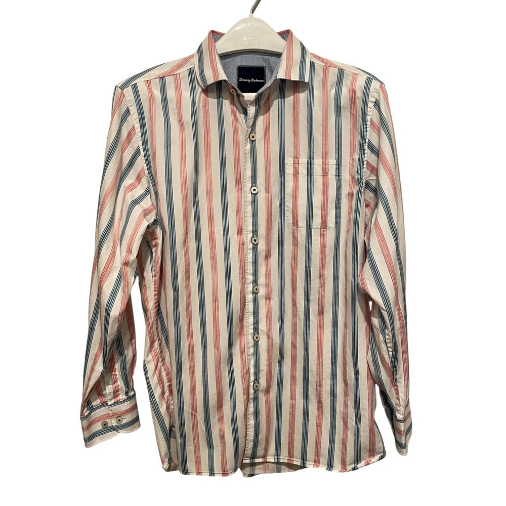 Tommy Bahama Mens Medium Striped Button Down Shirt Cotton Long Sleeve Blue Coral